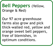 Bell Peppers (Yellow, Orange & Red)  Our 97 acre greenhouse farms also grow and pick thick-walled red, yellow and orange sweet bell peppers, free of blemishes, in optimum conditions.